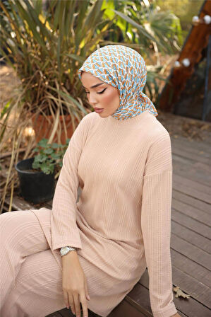 O Yaka Kısa Tunik Pantolon Sade İkili Tesettür Eşofman Takımı - 71219.026 - Bej