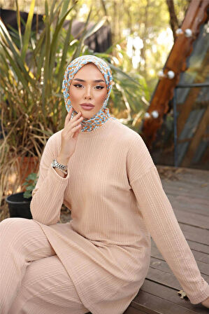 O Yaka Kısa Tunik Pantolon Sade İkili Tesettür Eşofman Takımı - 71219.026 - Bej