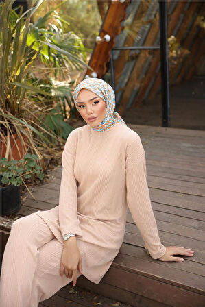 O Yaka Kısa Tunik Pantolon Sade İkili Tesettür Eşofman Takımı - 71219.026 - Bej