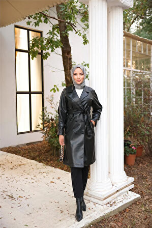 Kruvaze Yaka Cepli Belden Bağcıklı Deri Trençkot - 71212.003 - Siyah