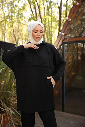 Kapşonlu Kanguru Cepli Sweat-Pantolon İkili Eşofman Spor Takımı - 71214.003 - Siyah