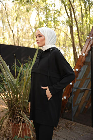 Kapşonlu Kanguru Cepli Sweat-Pantolon İkili Eşofman Spor Takımı - 71214.003 - Siyah