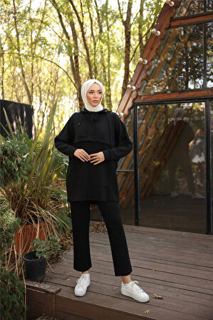 Kapşonlu Kanguru Cepli Sweat-Pantolon İkili Eşofman Spor Takımı - 71214.003 - Siyah