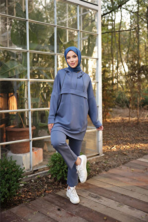 Kapşonlu Kanguru Cepli Sweat-Pantolon İkili Eşofman Spor Takımı - 71214.006 - İndigo
