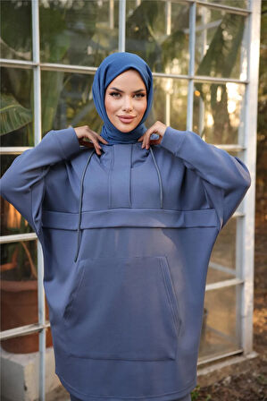 Kapşonlu Kanguru Cepli Sweat-Pantolon İkili Eşofman Spor Takımı - 71214.006 - İndigo