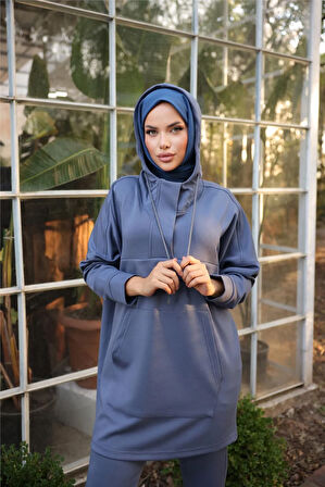 Kapşonlu Kanguru Cepli Sweat-Pantolon İkili Eşofman Spor Takımı - 71214.006 - İndigo