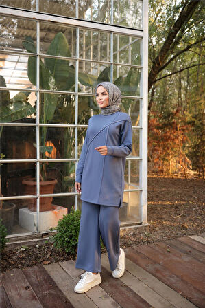 Çarpraz Taş Detaylı O Yaka Sweat-Pantolon İkili Eşofman Spor Takımı - 71215.006 - İndigo