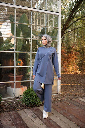 Çarpraz Taş Detaylı O Yaka Sweat-Pantolon İkili Eşofman Spor Takımı - 71215.006 - İndigo