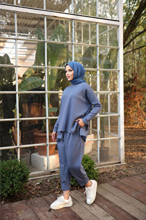 Arkası Uzun O Yaka Kısa Sweat-Pantolon İkili Eşofman Spor Takımı - 71216.006 - İndigo
