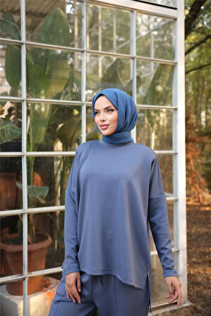 Arkası Uzun O Yaka Kısa Sweat-Pantolon İkili Eşofman Spor Takımı - 71216.006 - İndigo