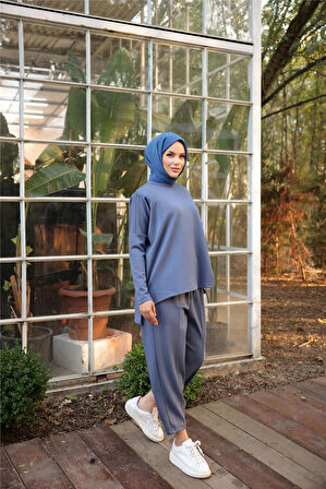 Arkası Uzun O Yaka Kısa Sweat-Pantolon İkili Eşofman Spor Takımı - 71216.006 - İndigo