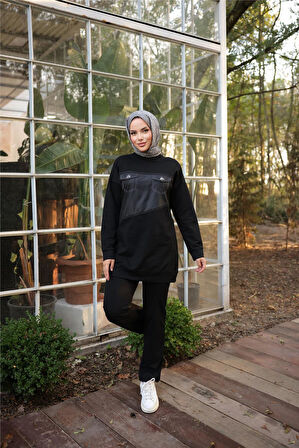 Dafne Cepli Eşofman Beli Lastikli Pantolon İkili Takım - (38-46) - 71153 - Siyah