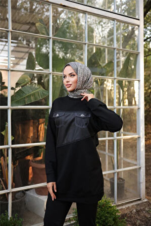 Dafne Cepli Eşofman Beli Lastikli Pantolon İkili Takım - (38-46) - 71153 - Siyah