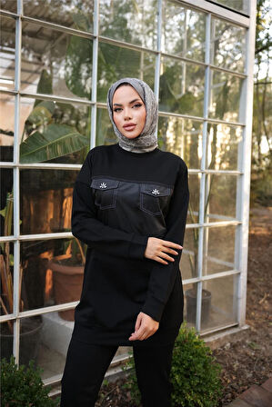 Dafne Cepli Eşofman Beli Lastikli Pantolon İkili Takım - (38-46) - 71153 - Siyah