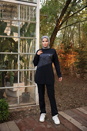 Dafne Cepli Eşofman Beli Lastikli Pantolon İkili Takım - (38-46) - 71153 - Siyah