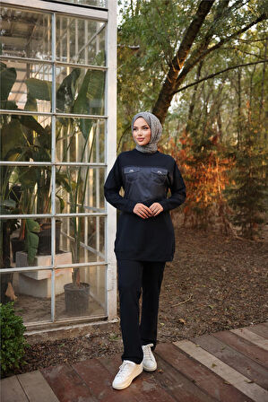 Dafne Cepli Eşofman Beli Lastikli Pantolon İkili Takım - (38-46) - 71153 - Siyah