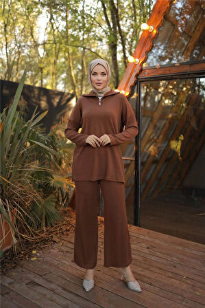 Fermuar Yaka Sade Sweat İkili Takım - 71221.028 - Kahverengi