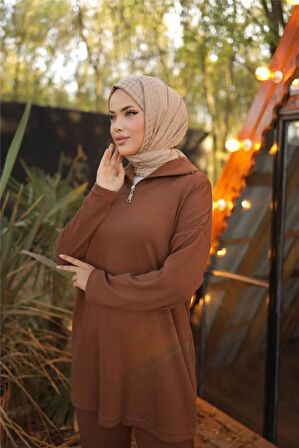 Fermuar Yaka Sade Sweat İkili Takım - 71221.028 - Kahverengi
