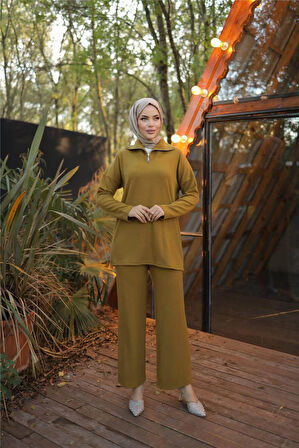 Fermuar Yaka Sade Sweat İkili Takım - 71221.024 - Hardal