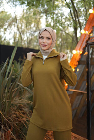 Fermuar Yaka Sade Sweat İkili Takım - 71221.024 - Hardal