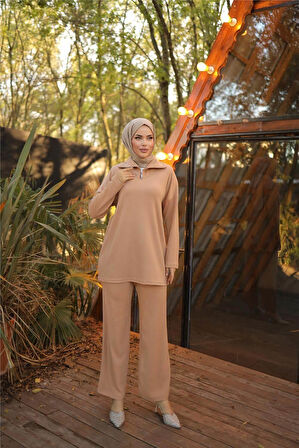 Fermuar Yaka Sade Sweat İkili Takım - 71221.026 - Bej