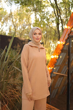 Fermuar Yaka Sade Sweat İkili Takım - 71221.026 - Bej
