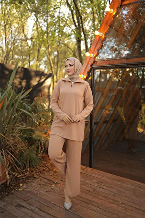 Fermuar Yaka Sade Sweat İkili Takım - 71221.026 - Bej