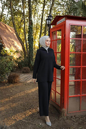 Fermuar Yaka Sade Sweat İkili Takım - 71221.003 - Siyah