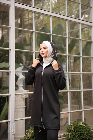 Fermuarlı Kapşonlu Sade İkili Tesettür Eşofman Takımı - 71229.003 - Siyah