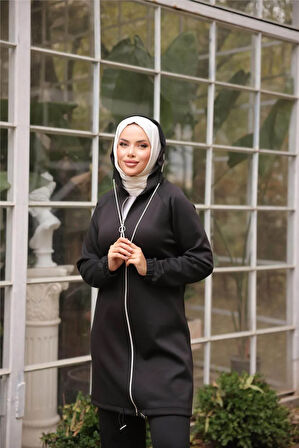 Fermuarlı Kapşonlu Sade İkili Tesettür Eşofman Takımı - 71229.003 - Siyah