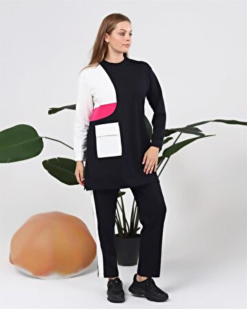 Sıfır Yandan Cep Detaylı Ribanalı İkili Eşofman Spor Takımı - 70086 - Lacivert