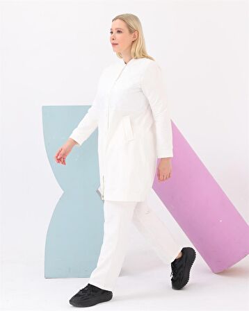 Hafsa Kapitone Detaylı Bomber Büyük Beden İkili Spor Takım - 12007 - Krem