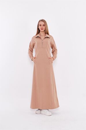 İsra Fermuar Yaka Detaylı Sweat Elbise - 71041 - Bej