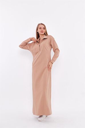 İsra Fermuar Yaka Detaylı Sweat Elbise - 71041 - Bej