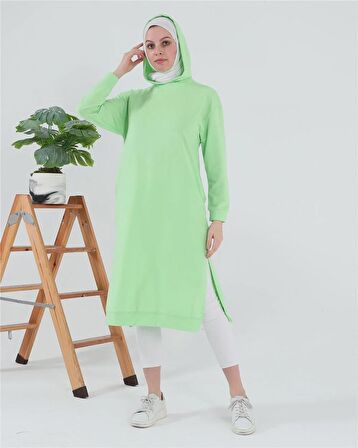 Atlas Kapşonlu Uzun Sade Basic Sweatshirt - 3007 - Açık Yeşil