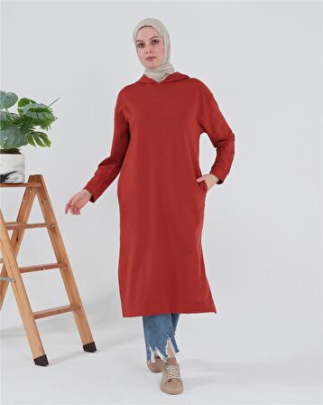 Atlas Kapşonlu Uzun Sade Basic Sweatshirt - 3007 - Kiremit