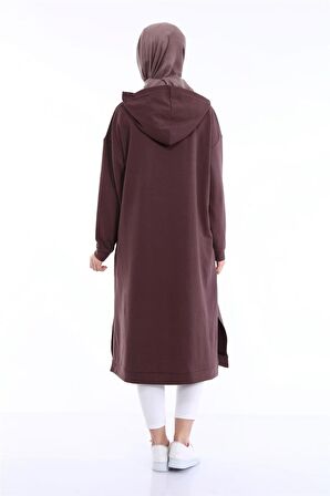 Atlas Kapşonlu Uzun Sade Basic Sweatshirt - 3007 - Kahverengi