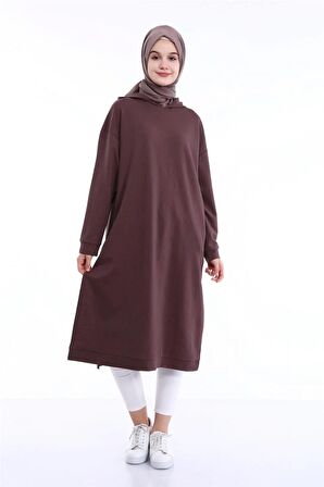 Atlas Kapşonlu Uzun Sade Basic Sweatshirt - 3007 - Kahverengi