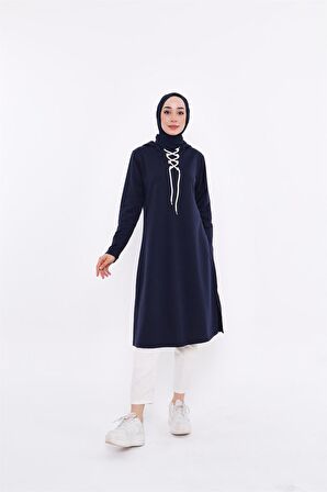 Eflin Yakadan Bağlamalı Kapşonlu Uzun Sweatshirt - 3030 - Lacivert