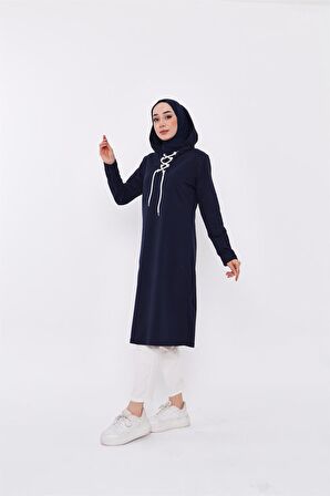 Eflin Yakadan Bağlamalı Kapşonlu Uzun Sweatshirt - 3030 - Lacivert