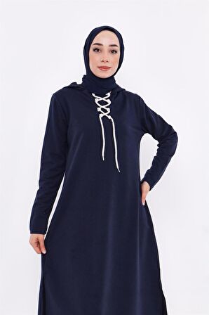 Eflin Yakadan Bağlamalı Kapşonlu Uzun Sweatshirt - 3030 - Lacivert
