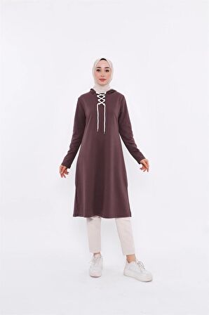 Eflin Yakadan Bağlamalı Kapşonlu Uzun Sweatshirt - 3030 - Kahverengi