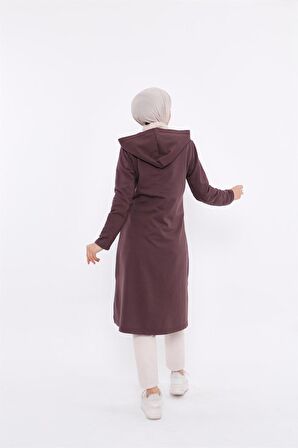 Eflin Yakadan Bağlamalı Kapşonlu Uzun Sweatshirt - 3030 - Kahverengi