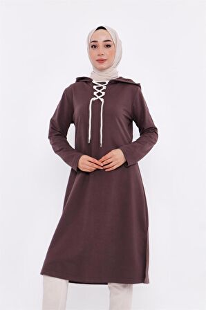 Eflin Yakadan Bağlamalı Kapşonlu Uzun Sweatshirt - 3030 - Kahverengi
