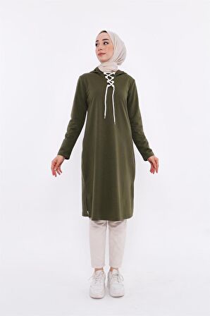 Eflin Yakadan Bağlamalı Kapşonlu Uzun Sweatshirt - 3030 - Haki