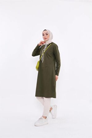 Eflin Yakadan Bağlamalı Kapşonlu Uzun Sweatshirt - 3030 - Haki