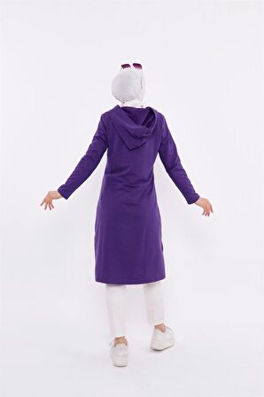 Eflin Yakadan Bağlamalı Kapşonlu Uzun Sweatshirt - 3030 - Mor