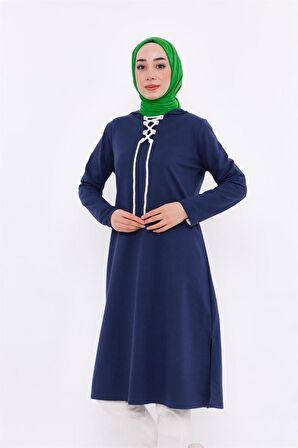 Eflin Yakadan Bağlamalı Kapşonlu Uzun Sweatshirt - 3030 - İndigo