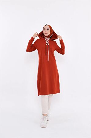 Eflin Yakadan Bağlamalı Kapşonlu Uzun Sweatshirt - 3030 - Kiremit