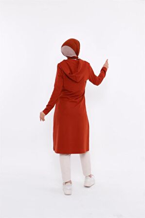 Eflin Yakadan Bağlamalı Kapşonlu Uzun Sweatshirt - 3030 - Kiremit
